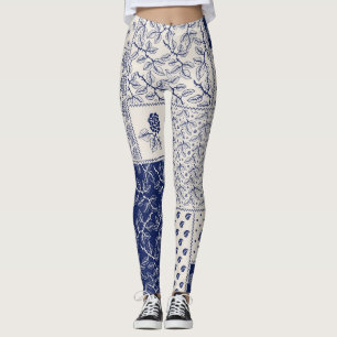 Indigo Blue Beige Floral Patchwork Leggings