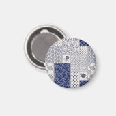 Indigo Blue Beige Floral Patchwork Magnet (Vorderseite/Rückseite)