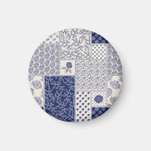 Indigo Blue Beige Floral Patchwork Magnet (Vorne)