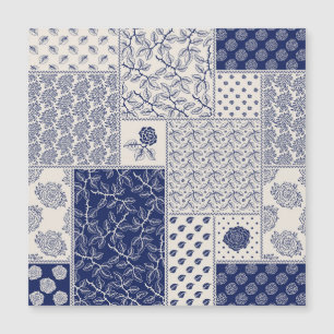Indigo Blue Beige Floral Patchwork Magnetkarte