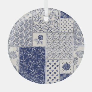 Indigo Blue Beige Floral Patchwork Ornament Aus Glas