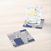 Indigo Blue Beige Floral Patchwork Rechteckiger Pappuntersetzer (Vor Ort)