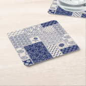 Indigo Blue Beige Floral Patchwork Rechteckiger Pappuntersetzer (angewinkelt)