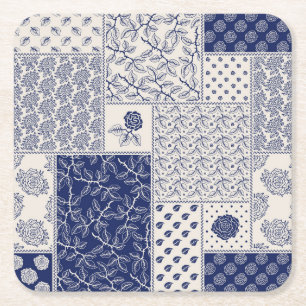 Indigo Blue Beige Floral Patchwork Rechteckiger Pappuntersetzer