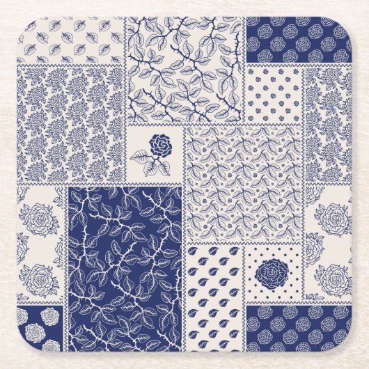 Indigo Blue Beige Floral Patchwork Rechteckiger Pappuntersetzer (Vorderseite)