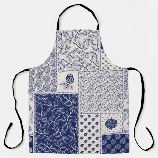 Indigo Blue Beige Floral Patchwork Schürze (Vorderseite)