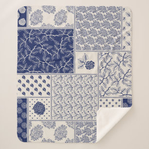 Indigo Blue Beige Floral Patchwork Sherpadecke