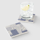 Indigo Blue Beige Floral Patchwork Steinuntersetzer (Seitenansicht)
