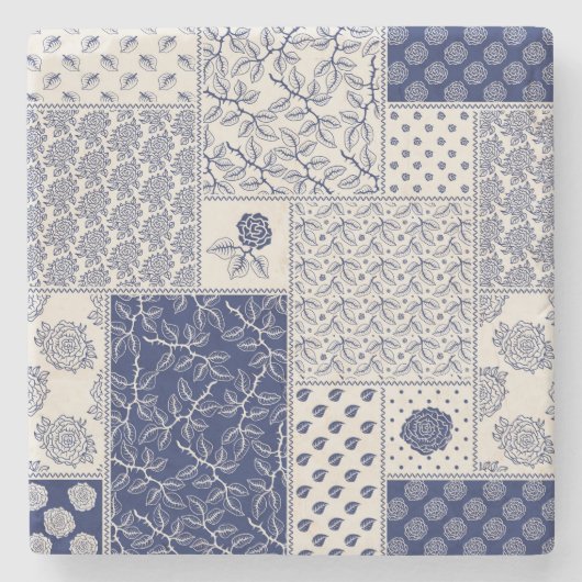 Indigo Blue Beige Floral Patchwork Steinuntersetzer (Vorderseite)