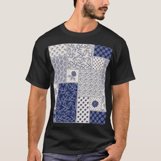 Indigo Blue Beige Floral Patchwork T-Shirt (Vorderseite)