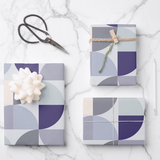 Indigo Blue Beige Gray Mitte Jahrhundert Modernste Geschenkpapier Set (Vorderseite)