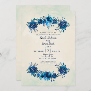 Indigo Blue & Beige Watercolor Blume Hochzeit Einladung
