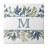 Indigo Blue Blätter Border Monogram Fliese (Vorderseite)