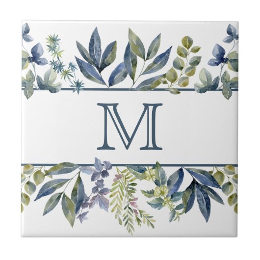 Indigo Blue Blätter Border Monogram Fliese (Vorderseite)