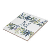 Indigo Blue Blätter Border Monogram Fliese (Seite)