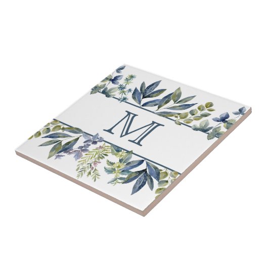 Indigo Blue Blätter Border Monogram Fliese (Seite)