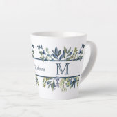 Indigo Blue Blätter Border Monogram Milchtasse (Rechte Ecke)