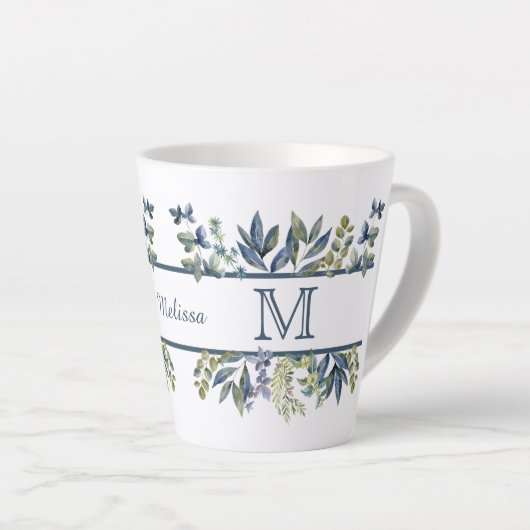 Indigo Blue Blätter Border Monogram Milchtasse (Rechte Ecke)