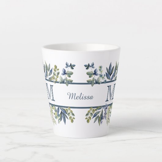 Indigo Blue Blätter Border Monogram Milchtasse (Vorderseite)