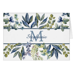 Indigo Blue Blätter Border Monogram Note Card