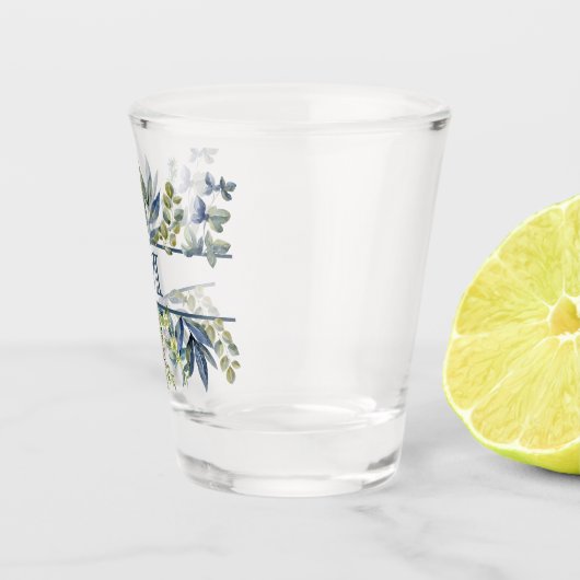 Indigo Blue Blätter Border Monogram Schnapsglas (Rechts)
