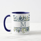 Indigo Blue Blätter Border Monogram Tasse (Links)