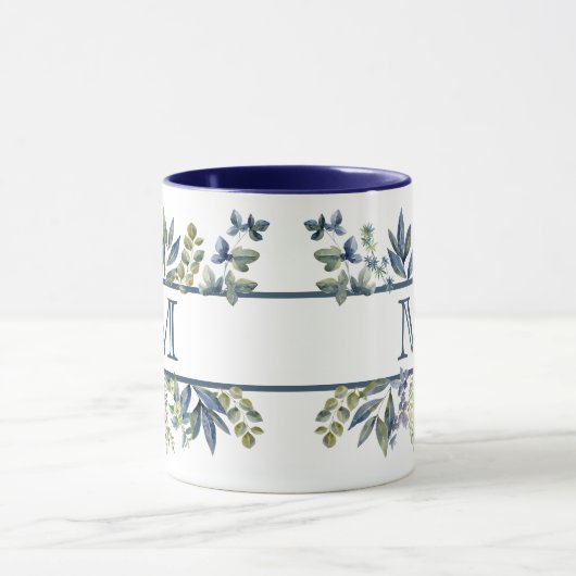 Indigo Blue Blätter Border Monogram Tasse (Zentrum)