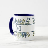 Indigo Blue Blätter Border Monogram Tasse (Vorderseite Links)