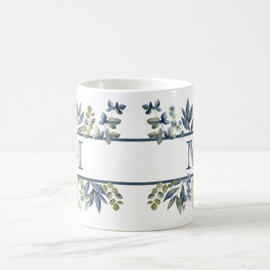 Indigo Blue Blätter Border Monogram Tasse (Mittel)