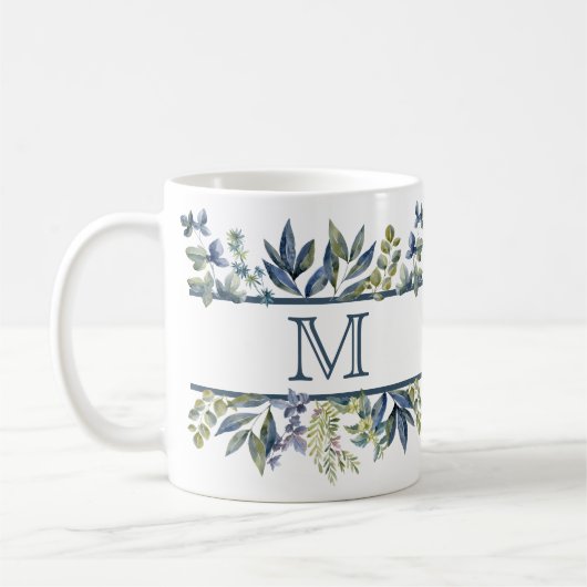 Indigo Blue Blätter Border Monogram Tasse (Links)