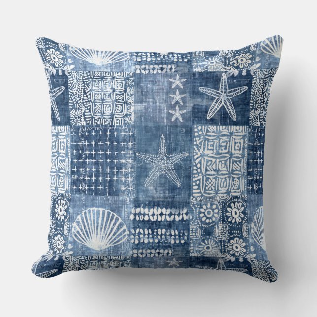 Indigo Blue Boho Coastal Throw Kissen (Vorderseite)