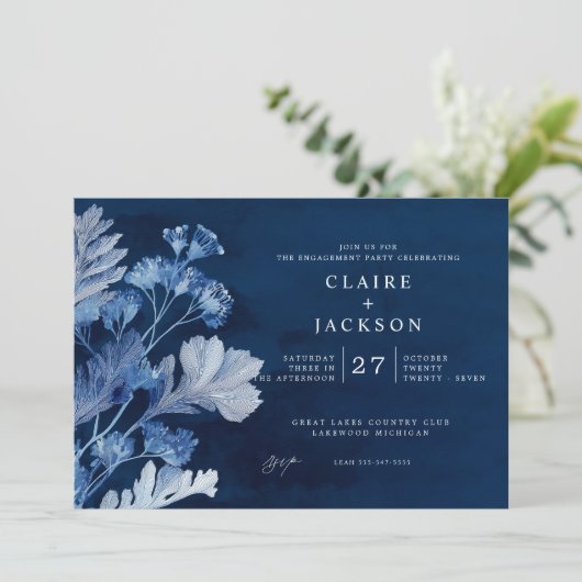 Indigo Blue Botanical Engagement Party Einladung (Stehend Vorderseite)