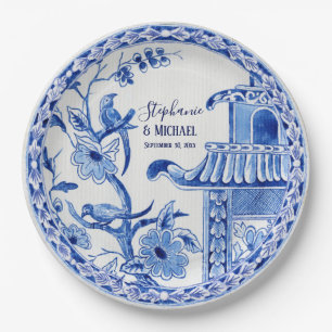 Indigo Blue Chinoiserie Vintages Blumenwasser Pappteller