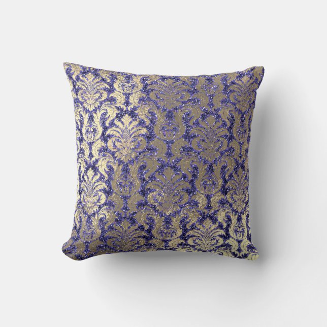 Indigo Blue Cobalt Damask Sepia Velvet Sequin Gold Kissen (Vorderseite)