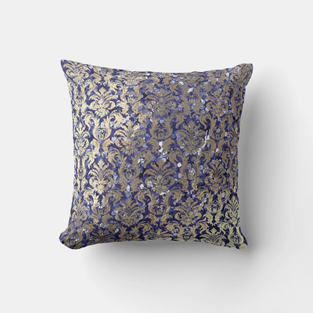 Indigo Blue Cobalt Damask Sequin Champaigne Gold Kissen (Vorderseite)