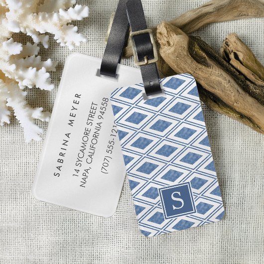 Indigo Blue Diamond Muster Monogram Gepäckanhänger