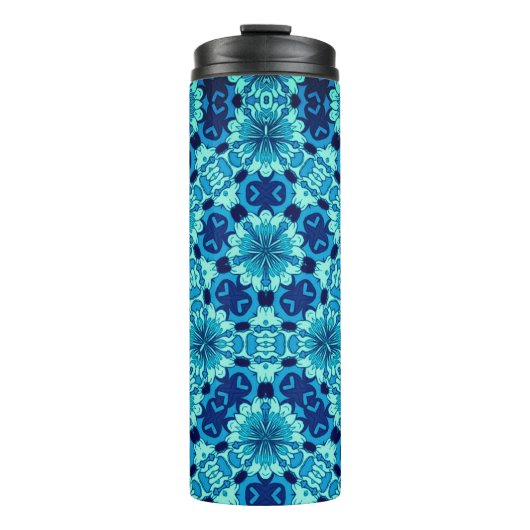 Indigo Blue Floral Chinesisches Fliesenmuster Thermosbecher (Vorderseite)