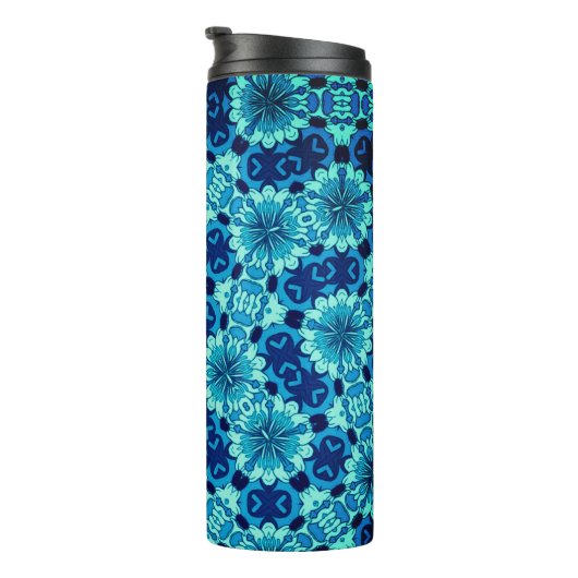 Indigo Blue Floral Chinesisches Fliesenmuster Thermosbecher (Nach rechts gedreht)