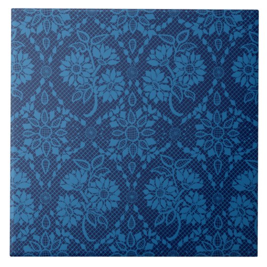 Indigo Blue Floral Imitate Spitzen Muster Fliese (Vorderseite)