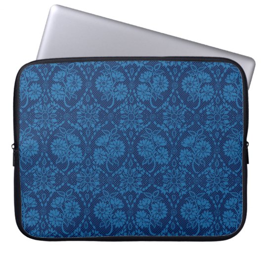 Indigo Blue Floral Imitate Spitzen Muster Laptopschutzhülle (Vorderseite)