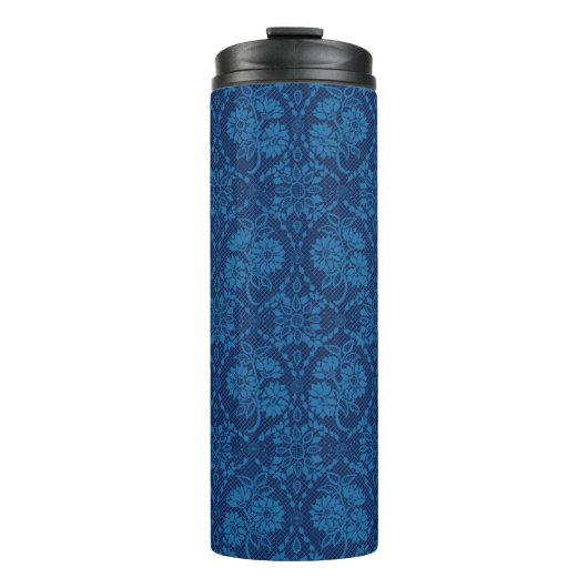 Indigo Blue Floral Imitate Spitzen Muster Thermosbecher (Vorderseite)