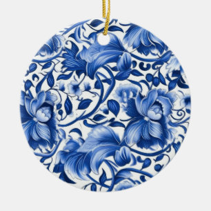 Indigo Blue Flowers Keramik Ornament