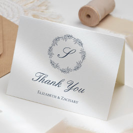 Indigo Blue Monogram Wreath Wedding Vielen Dank Karte