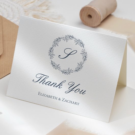 Indigo Blue Monogram Wreath Wedding Vielen Dank Karte