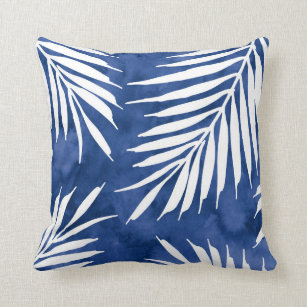 Indigo Blue Palm Blätter Wasserfarbe Silhouette Kissen