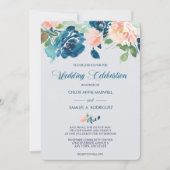 Indigo Blue Peach Rose Grenz Hochzeit Einladung (Vorderseite)