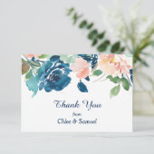 Indigo Blue Peach Rose Hochzeit Vielen Dank Dankeskarte (Stehend Vorderseite)