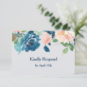 Indigo Blue Peach Rose Wedding RSVP Karte (Stehend Vorderseite)