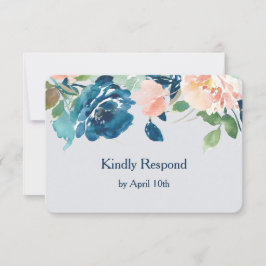 Indigo Blue Peach Rose Wedding RSVP Karte