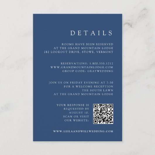 Indigo Blue QR Code UAWG & Hochzeitdetails Begleitkarte (Vorderseite)